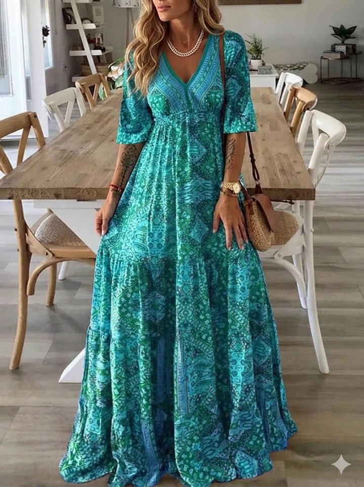 Bettie - Bohemian Pattern Half Sleeve Maxi Dress
