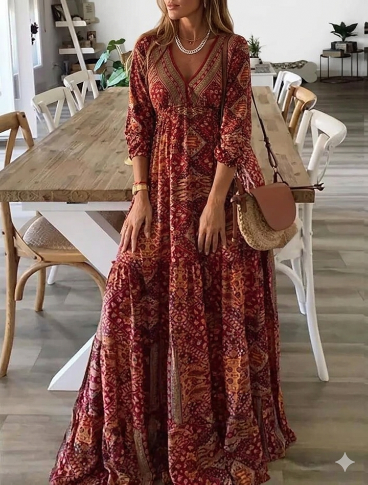 Bettie - Bohemian Pattern Half Sleeve Maxi Dress