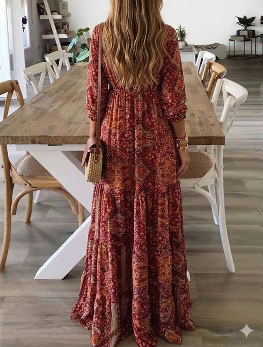 Bettie - Bohemian Pattern Half Sleeve Maxi Dress