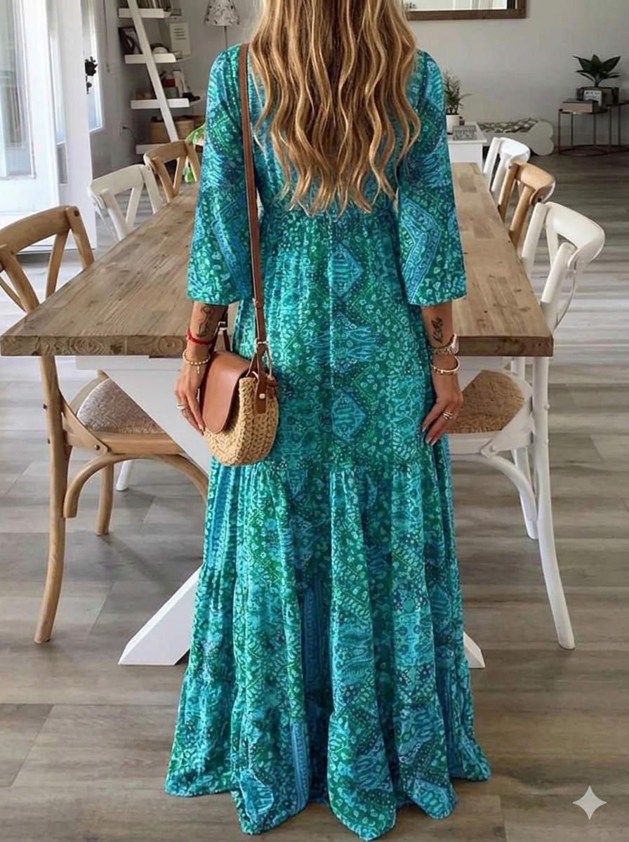 Bettie - Bohemian Pattern Half Sleeve Maxi Dress