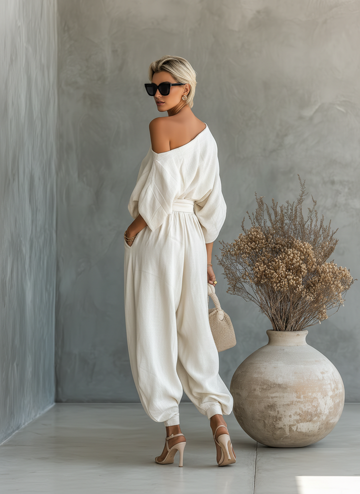 Abira - Off-shoulder Top And Loose Pants Set