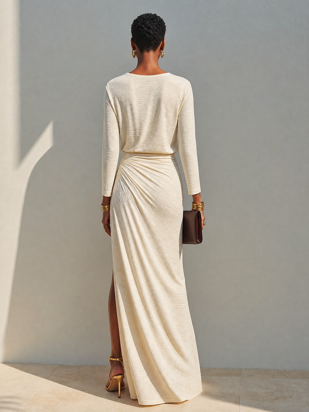 Noeza - Round Neck Draped Slit Maxi Dress
