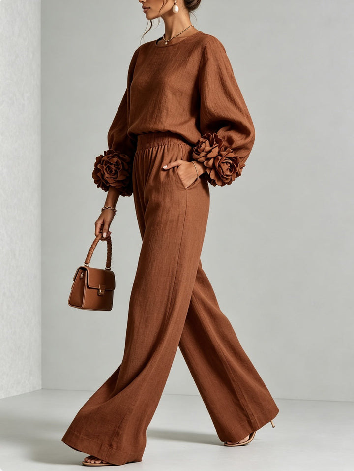 Renaella - Top and Pants Set With Floral Cuffs