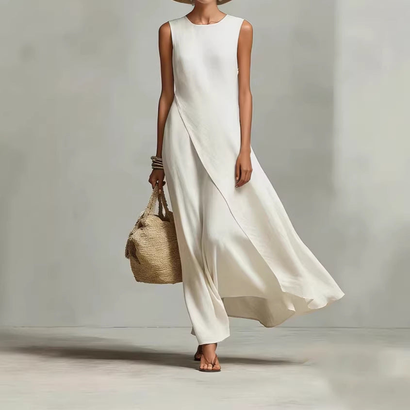 Hishina - Sleeveless Asymmetrical Linen Maxi Dress