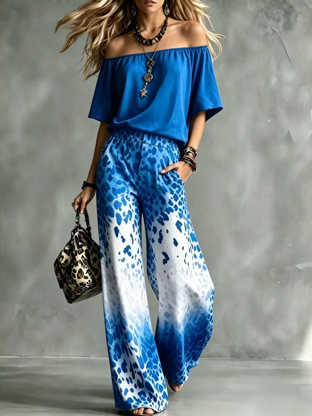 Rinia - Off-Shoulder Top And Printed Trouser Set