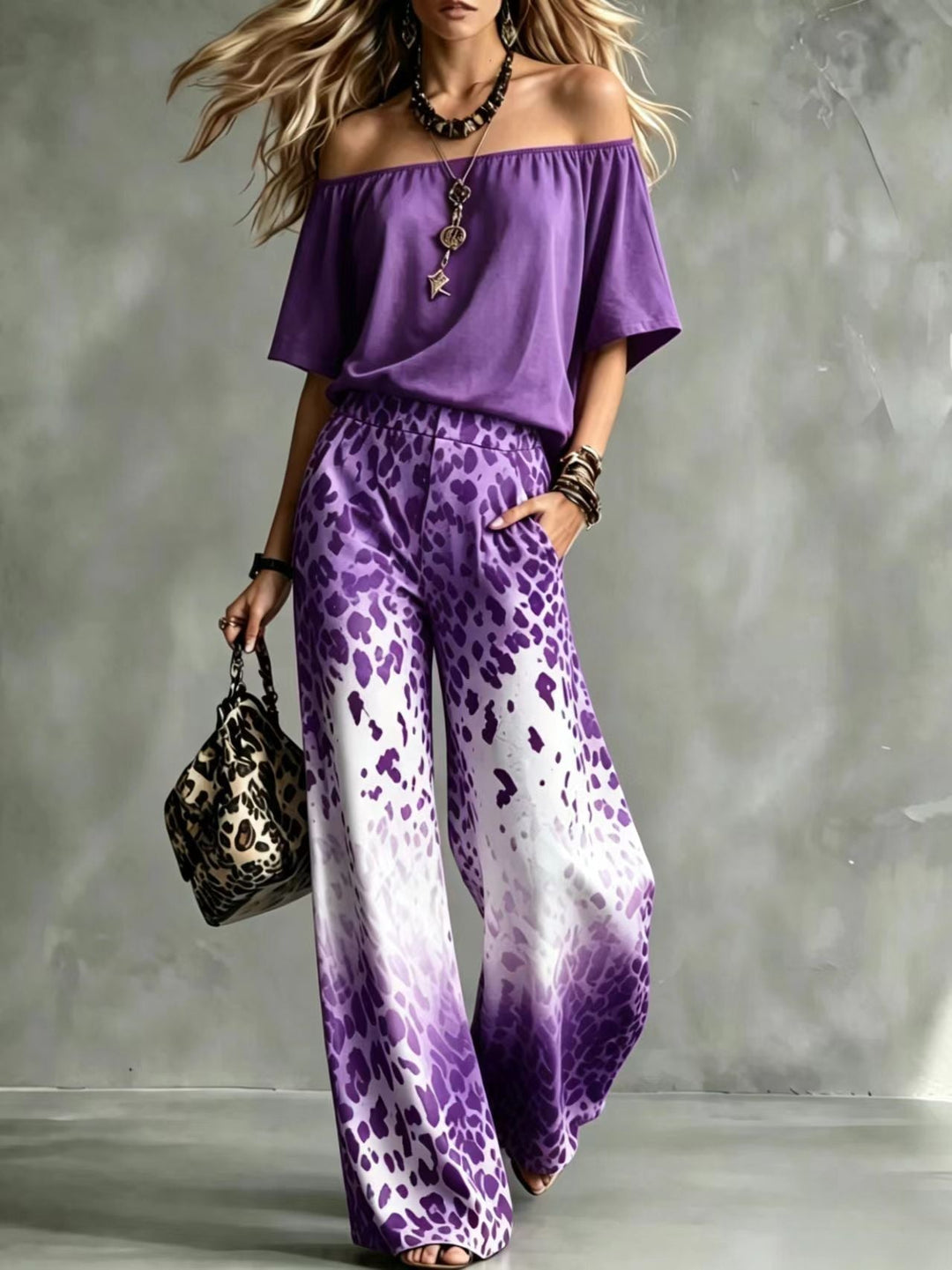 Rinia - Off-Shoulder Top And Printed Trouser Set