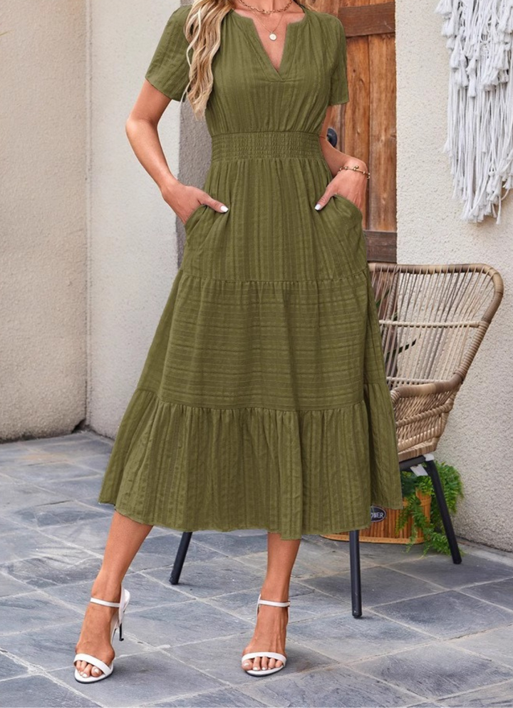 Jikina - Tiered V-Neck Midi Dress With Pockets