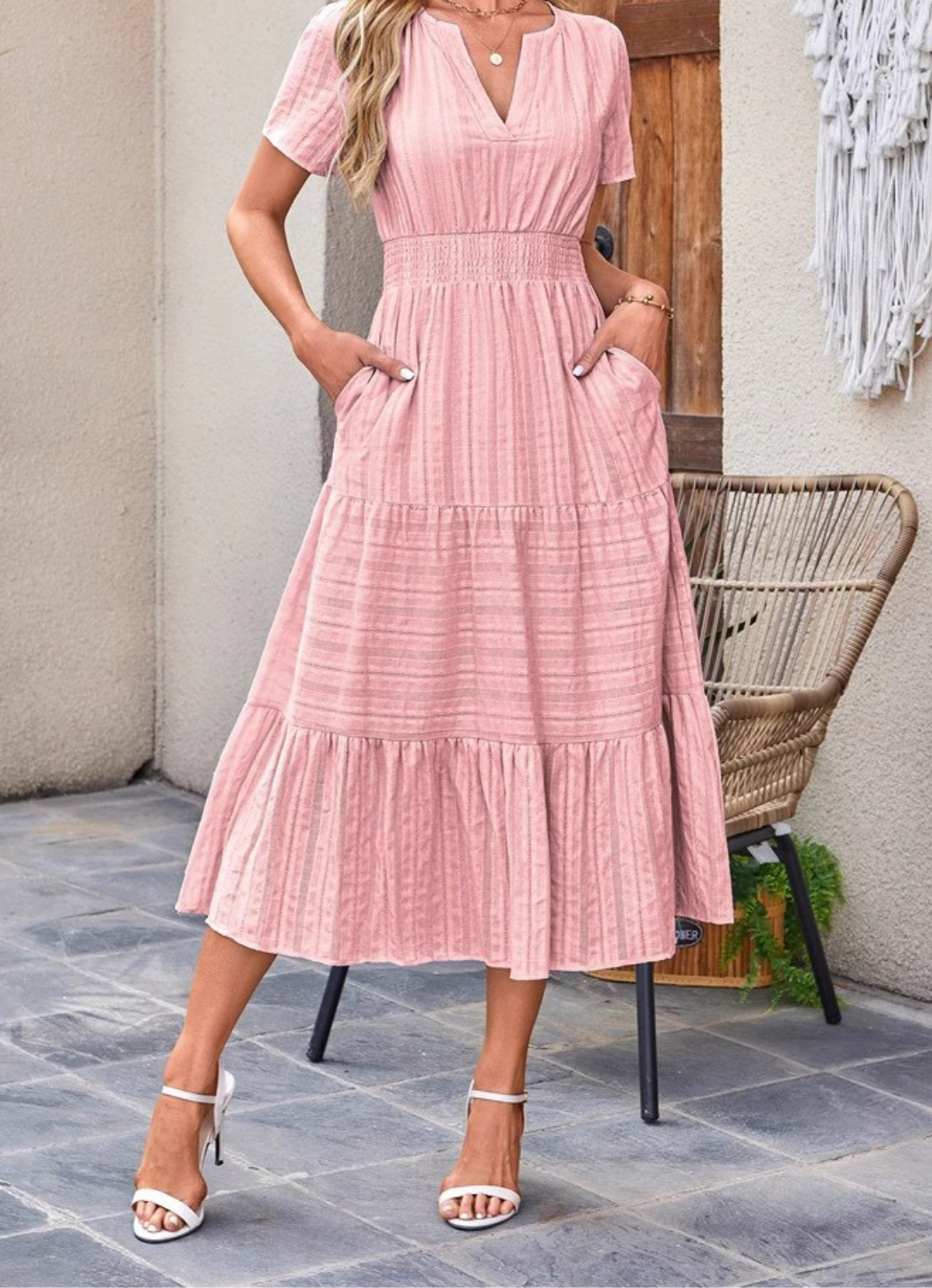 Jikina - Tiered V-Neck Midi Dress With Pockets