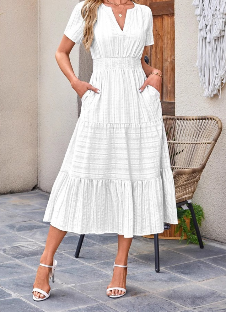 Jikina - Tiered V-Neck Midi Dress With Pockets