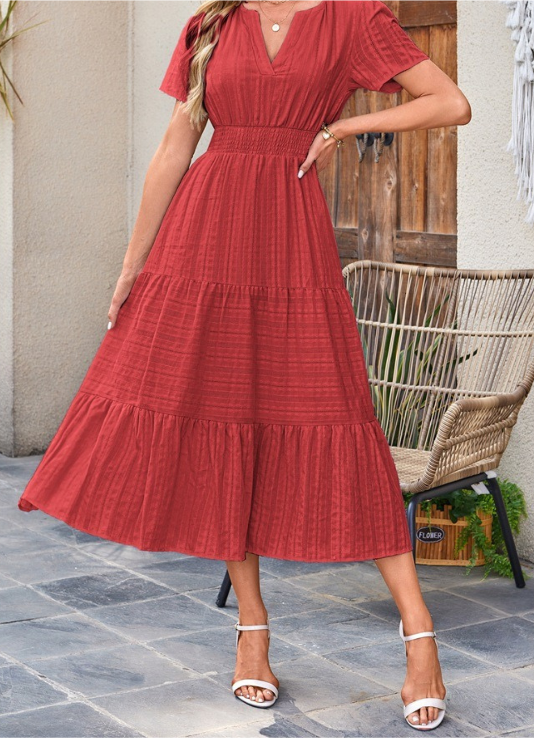 Jikina - Tiered V-Neck Midi Dress With Pockets