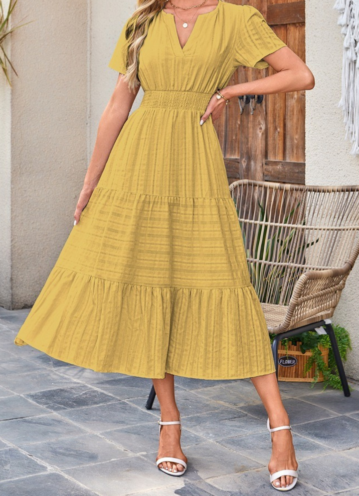 Jikina - Tiered V-Neck Midi Dress With Pockets