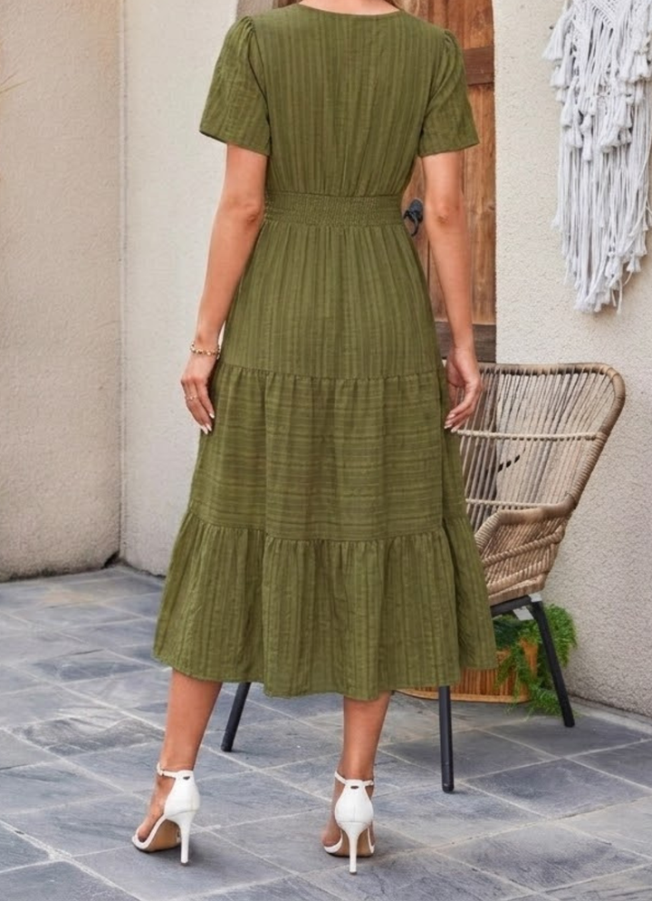 Jikina - Tiered V-Neck Midi Dress With Pockets