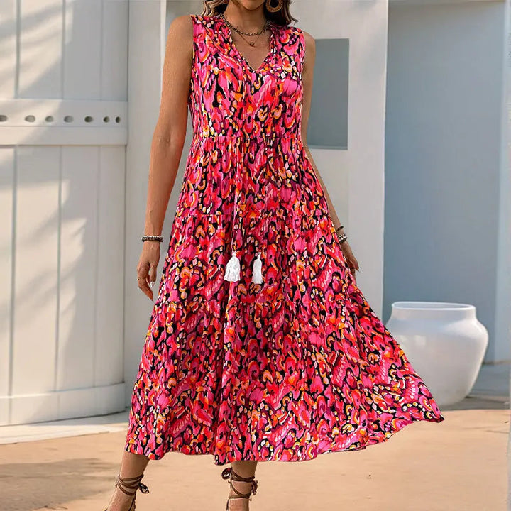 Minhee - Sleeveless Abstract Print Tiered Maxi Dress