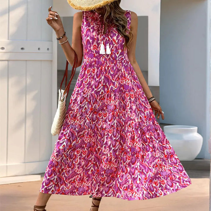 Minhee - Sleeveless Abstract Print Tiered Maxi Dress