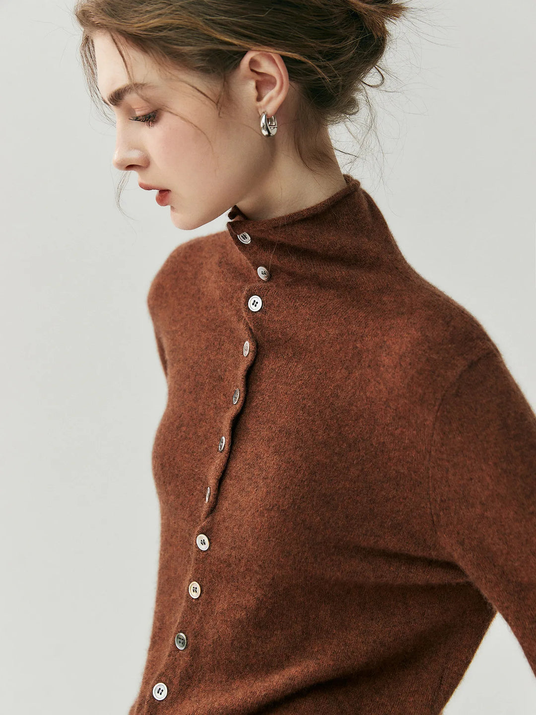 Areum - Long Sleeve Cashmere Cardigan With Button