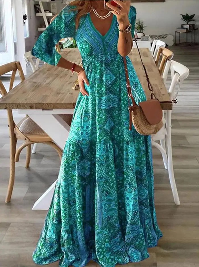 Bettie - Bohemian Pattern Half Sleeve Maxi Dress