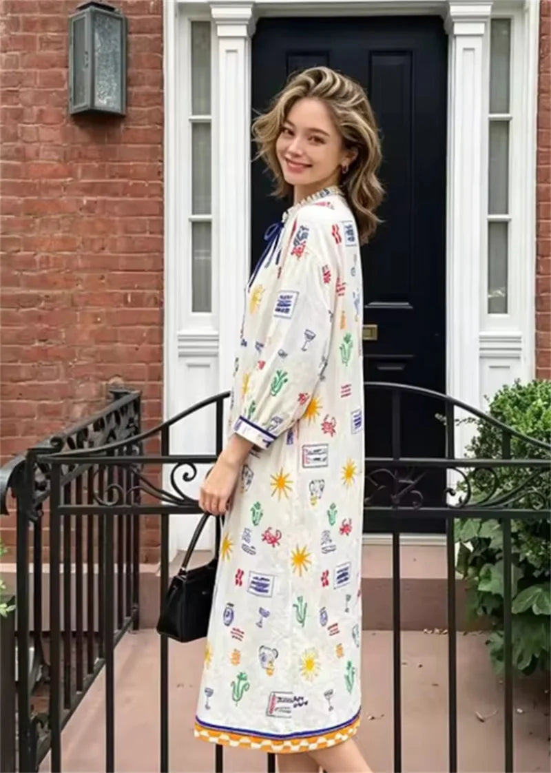Maris - Long Dress with Print and Sleeves