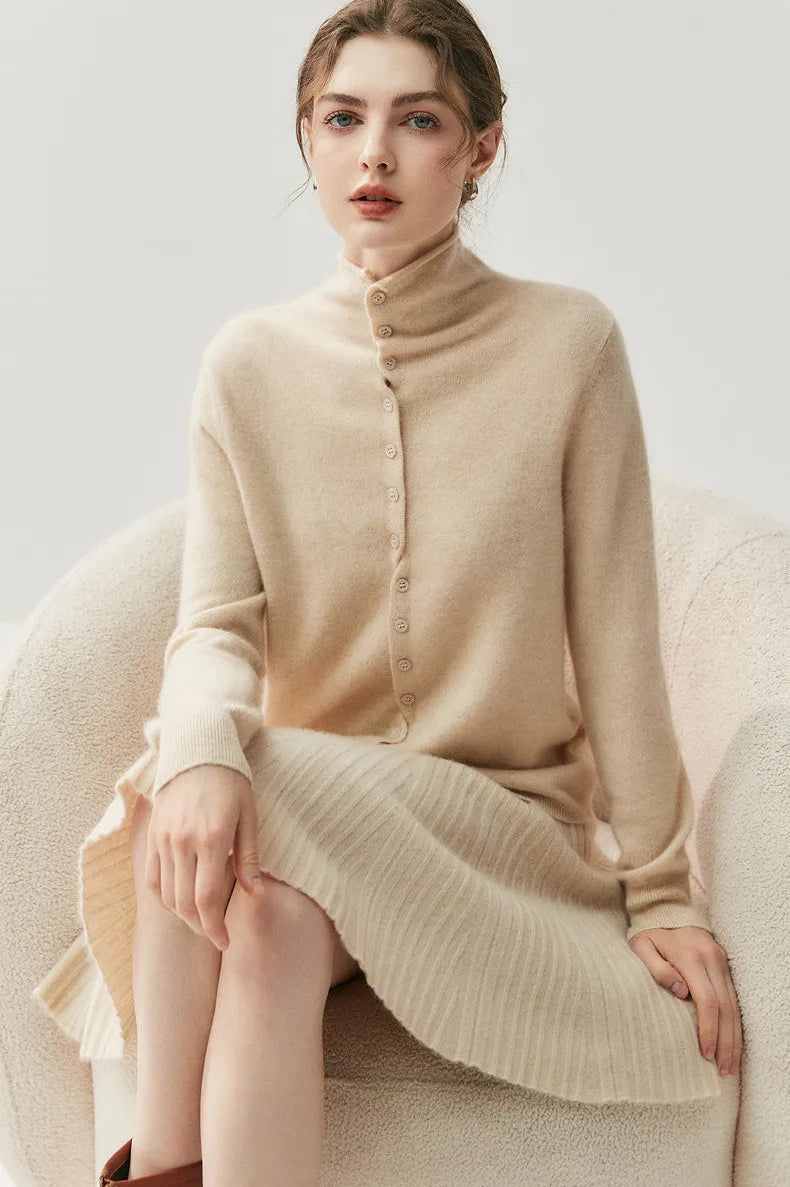 Areum - Long Sleeve Cashmere Cardigan With Button