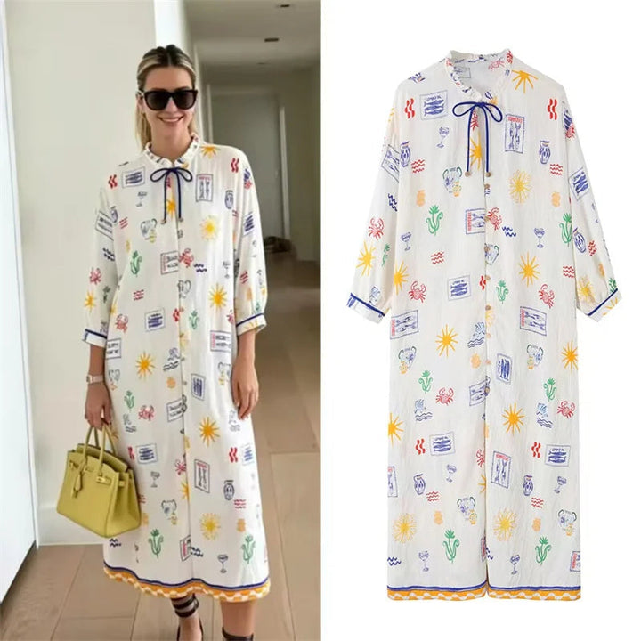 Maris - Long Dress with Print and Sleeves