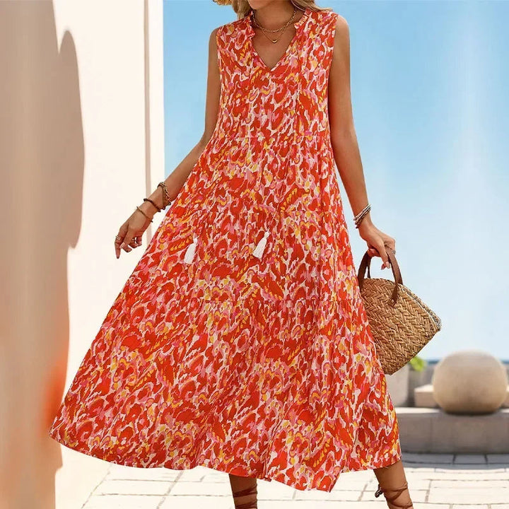Minhee - Sleeveless Abstract Print Tiered Maxi Dress