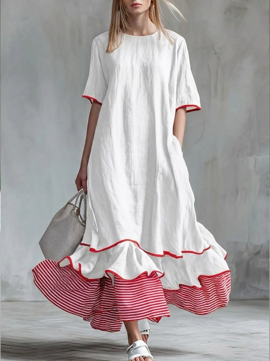 Behice - Long Dress With Short Sleeves and Red Striped Ruffles
