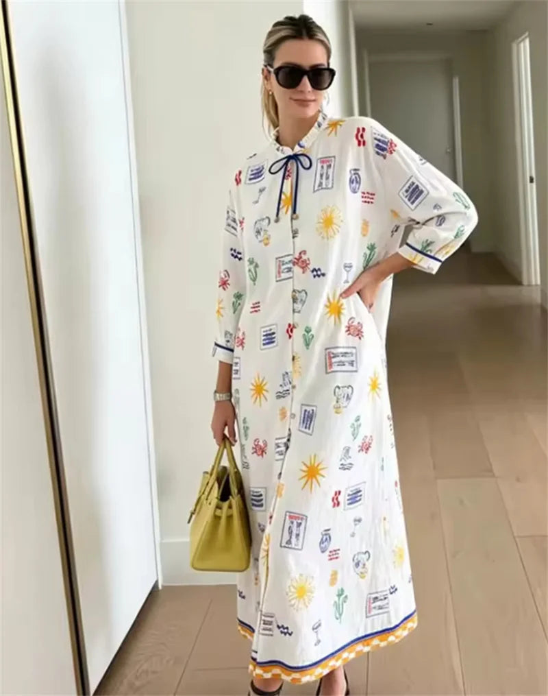 Maris - Long Dress with Print and Sleeves