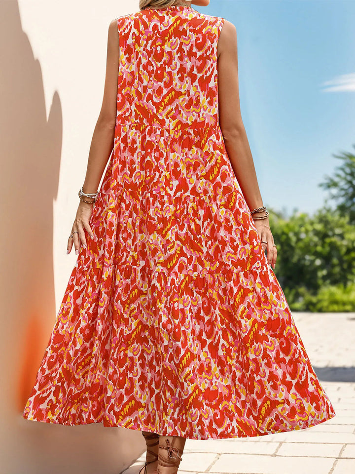Minhee - Sleeveless Abstract Print Tiered Maxi Dress