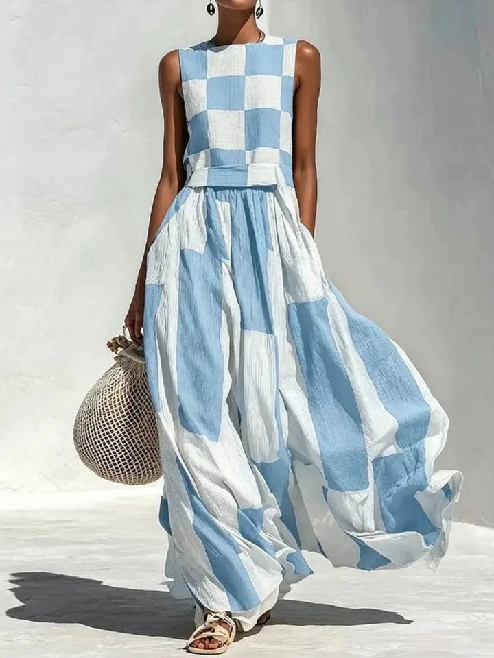 Ashlyn - Checked And Striped Sleeveless Panel Dress