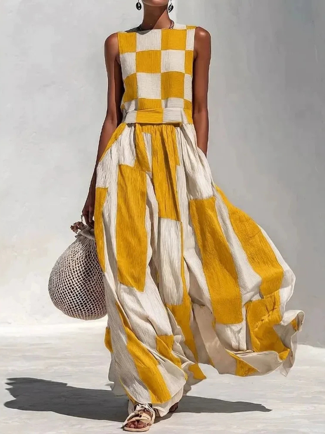 Ashlyn - Checked And Striped Sleeveless Panel Dress
