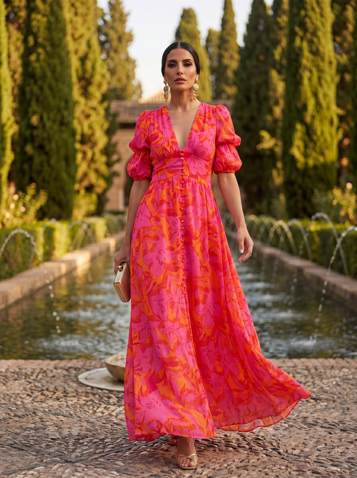 Zinnia - Vibrant Floral V-Neck Maxi Dress