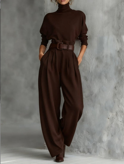 Laurira - Turtleneck Wide Leg Belted Jumpsuit
