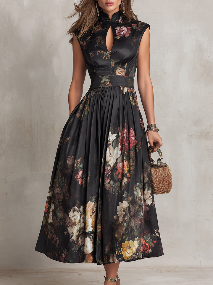 Littia - Pleated Floral Satin Dress