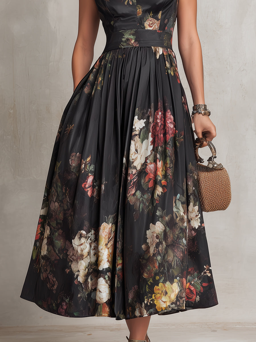 Littia - Pleated Floral Satin Dress