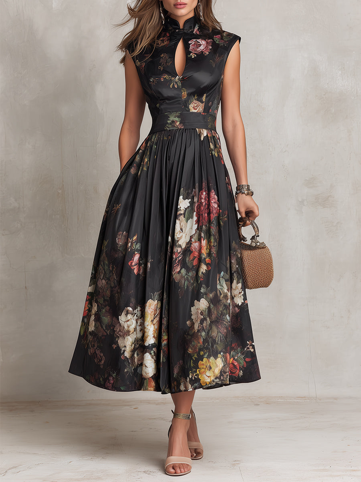 Littia - Pleated Floral Satin Dress