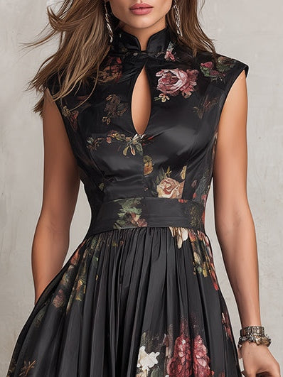 Littia - Pleated Floral Satin Dress