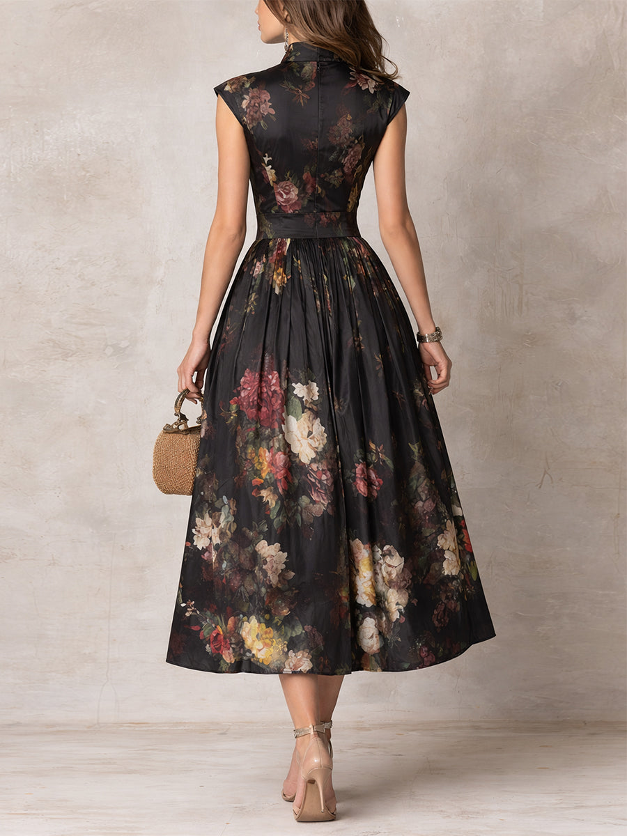 Littia - Pleated Floral Satin Dress