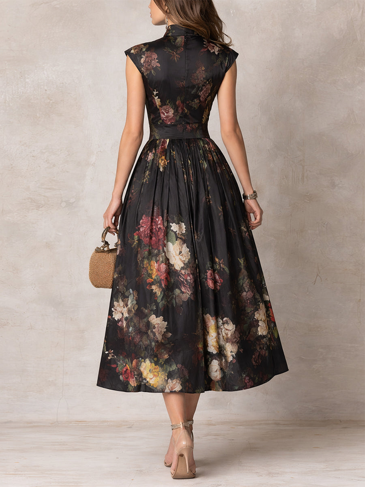 Littia - Pleated Floral Satin Dress