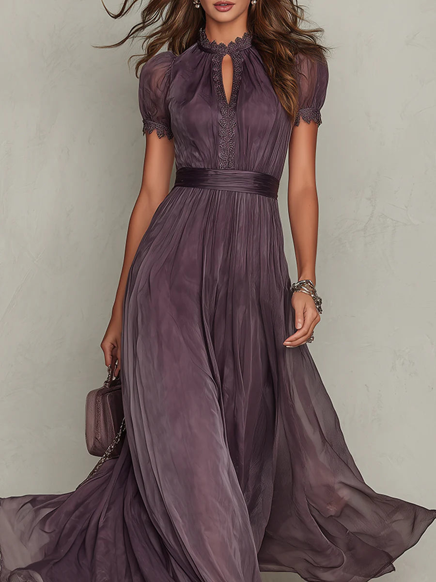 Cynthy - Flowing Plum Maxi Dress With Lace