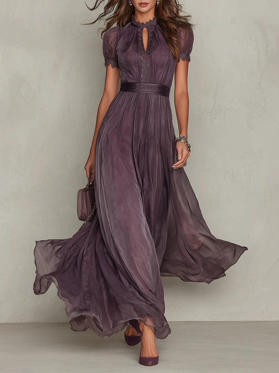 Cynthy - Flowing Plum Maxi Dress With Lace