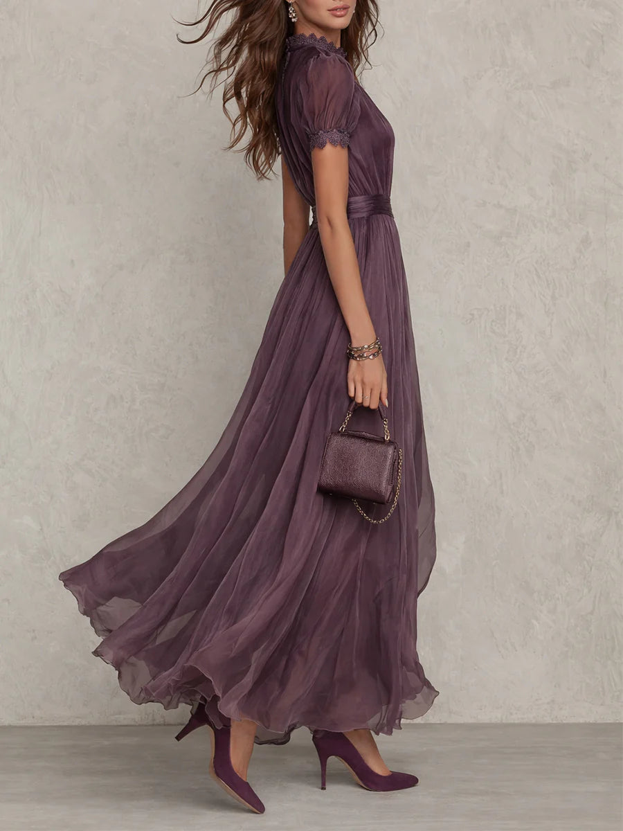 Cynthy - Flowing Plum Maxi Dress With Lace