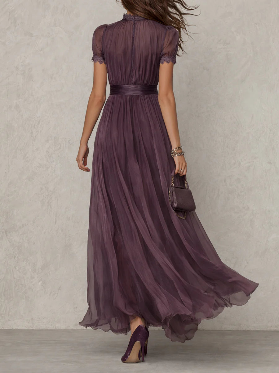 Cynthy - Flowing Plum Maxi Dress With Lace