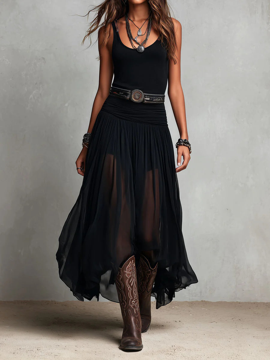 Odetta - Elegant Tulle Maxi Dress With Belt