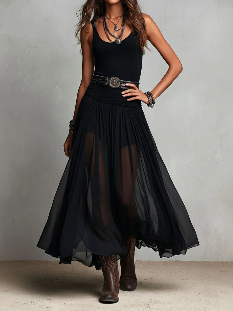 Odetta - Elegant Tulle Maxi Dress With Belt