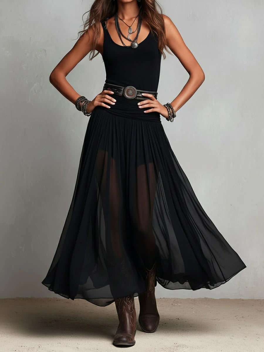 Odetta - Elegant Tulle Maxi Dress With Belt