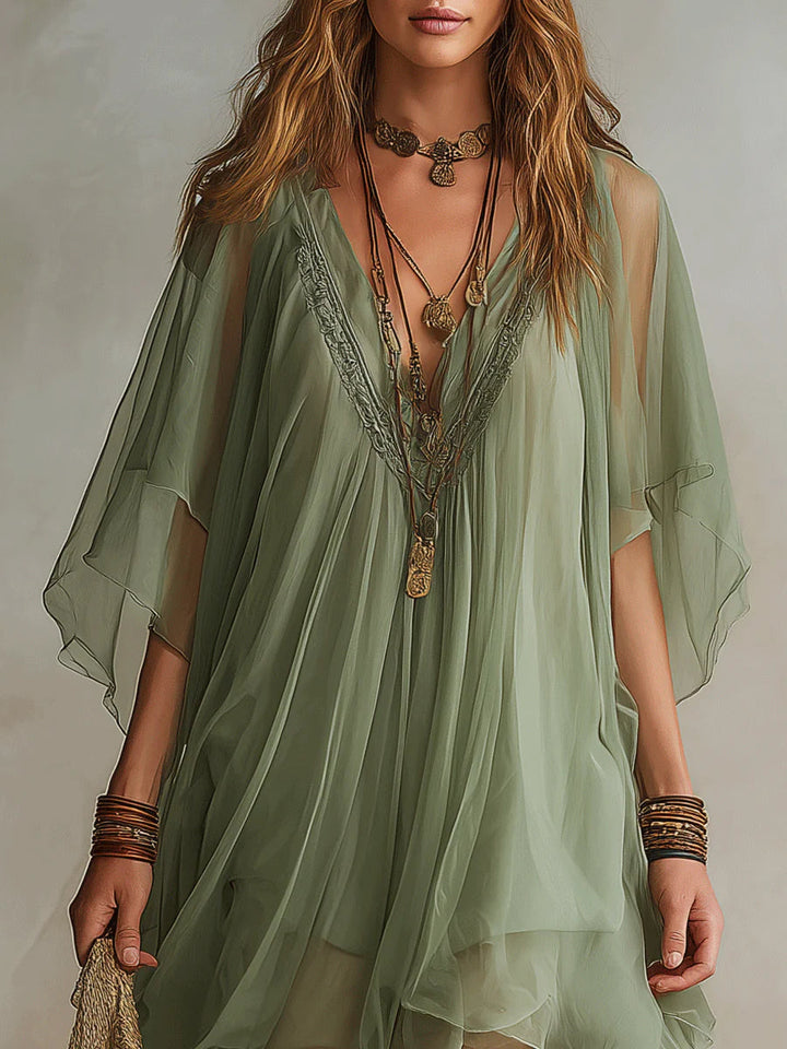 Sadet - Sage Chiffon V-Neck Mini Dress