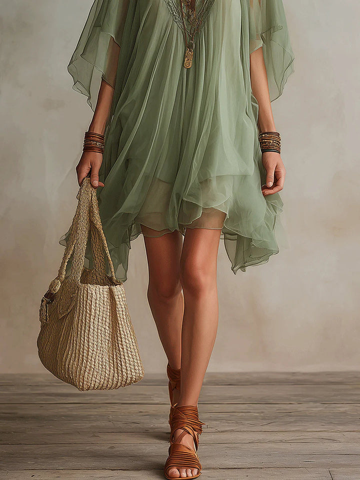 Sadet - Sage Chiffon V-Neck Mini Dress