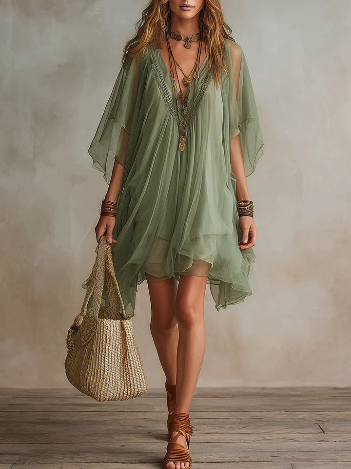 Sadet - Sage Chiffon V-Neck Mini Dress