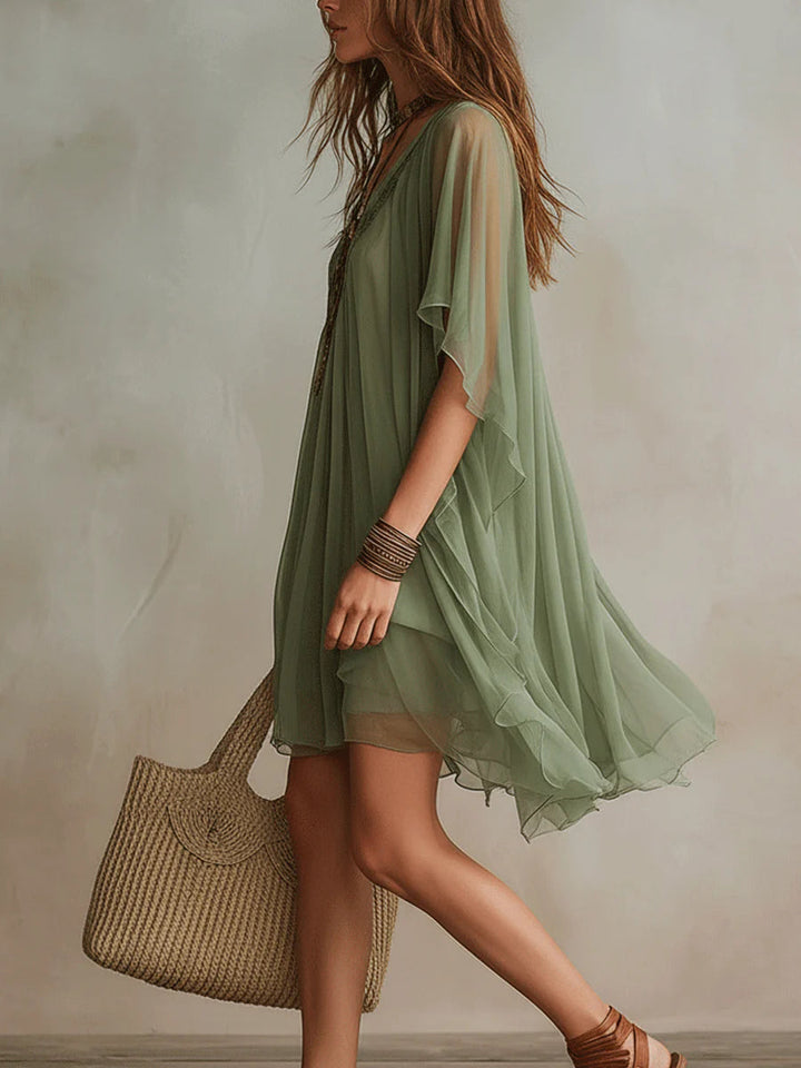 Sadet - Sage Chiffon V-Neck Mini Dress