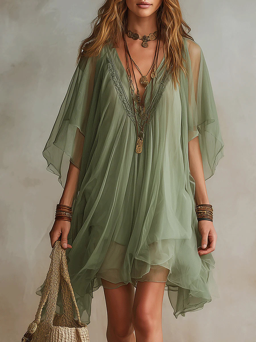 Sadet - Sage Chiffon V-Neck Mini Dress