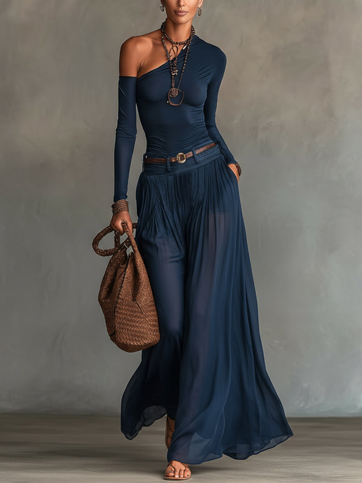 Hnisa - One Shoulder Pleated Wide Leg Jumpsuit